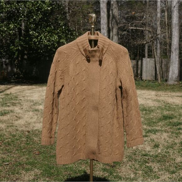 Talbots Camel Cable Knit Equestrian Cardigan Sweater - Picture 1 of 6